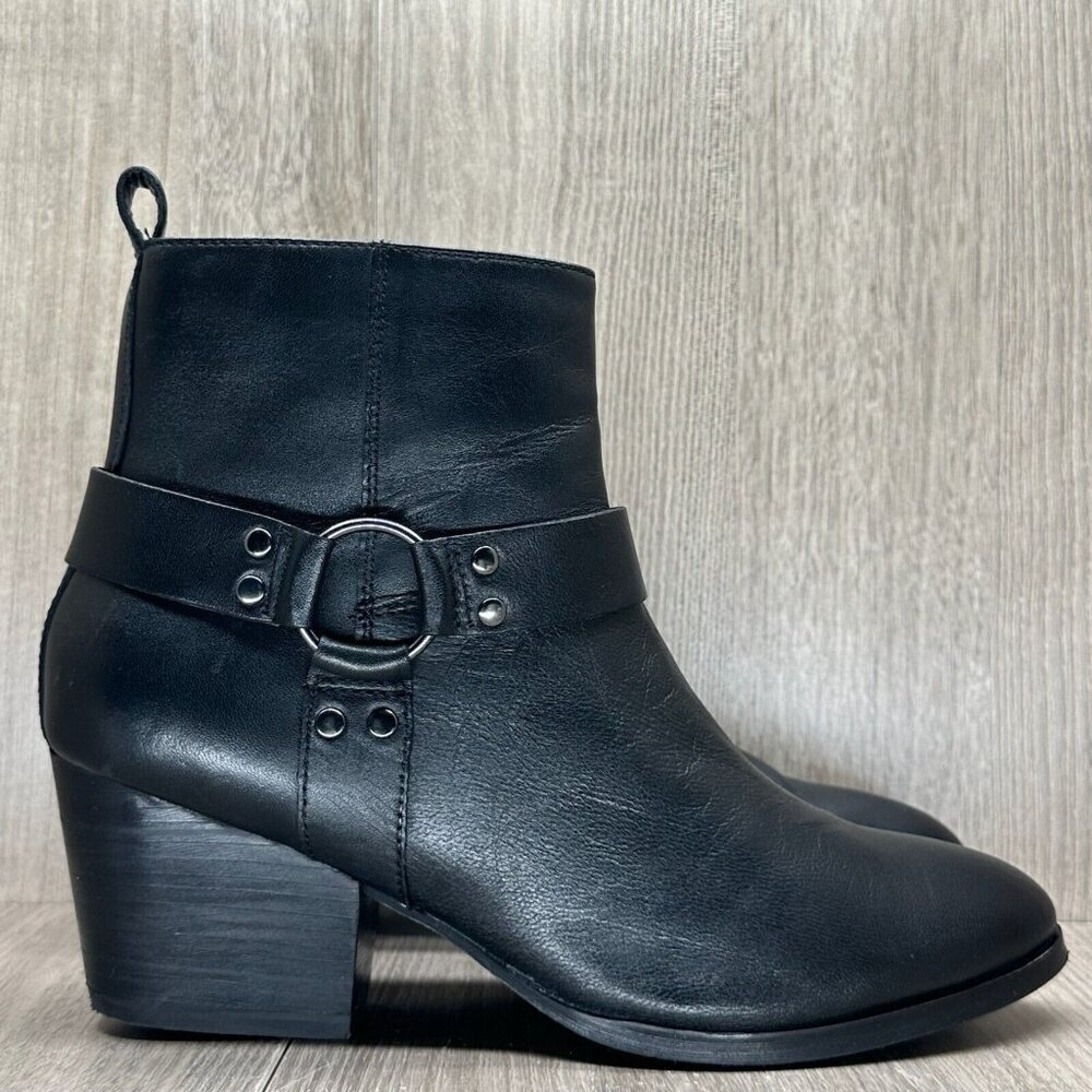 House of Harlow 1960 Boots Women 8 Portia Biker Harness Block Heel Leather Black - Picture 2 of 14
